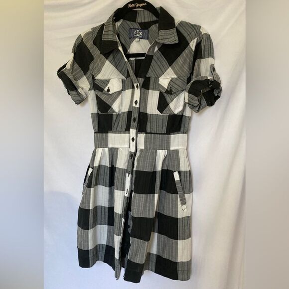 Plaid Black and White Mini Shirt Dress Tunic Small - Picture 1 of 5